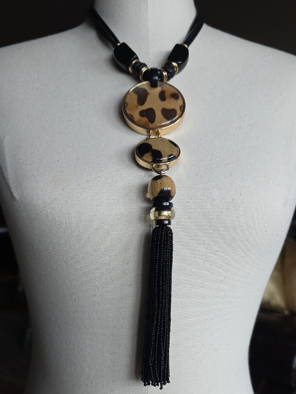 Chico's Leopard Print Pendant Necklace in Black and Tan